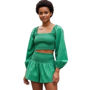 Billow Sleeve Crop Top Shorts Set M Y2K Green Smocked Sequin Puff Main Strip